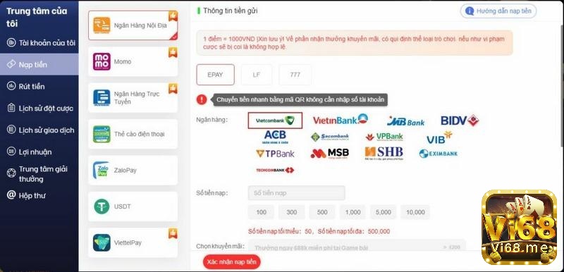 Giao diện nạp tiền tại nhà cái Vi68